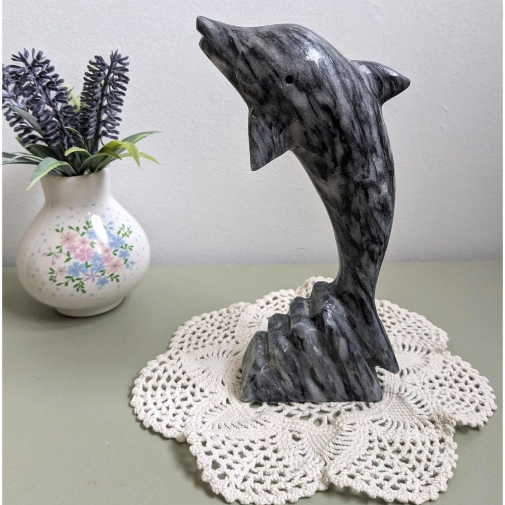 Vintage Dolphin Stone Sculpture, Marble Dolphin Figurine, Ocean Decor